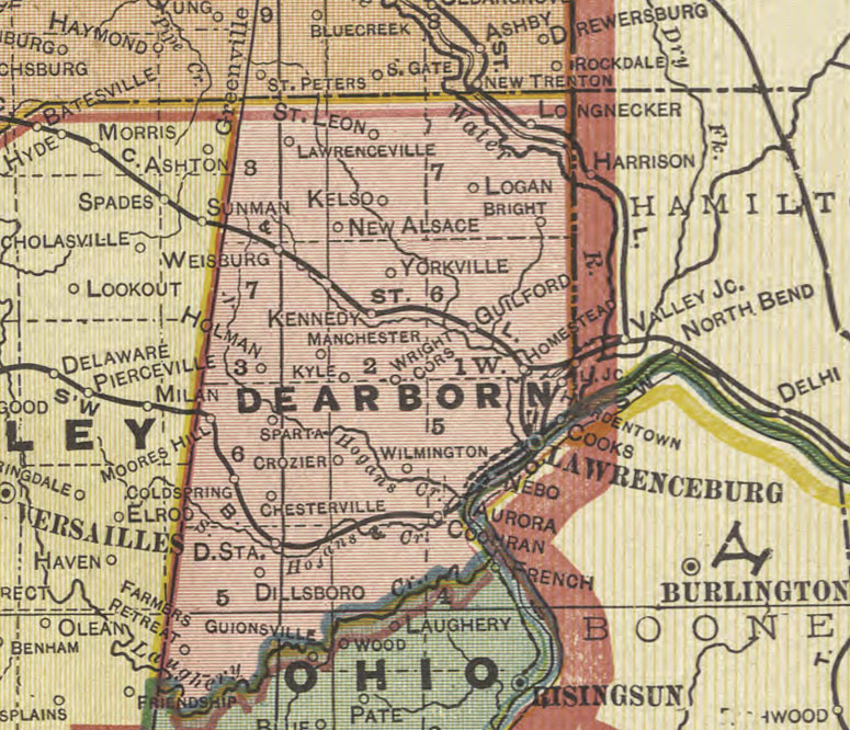 Colorful map of Dearborn County showing locations discussed on this page.